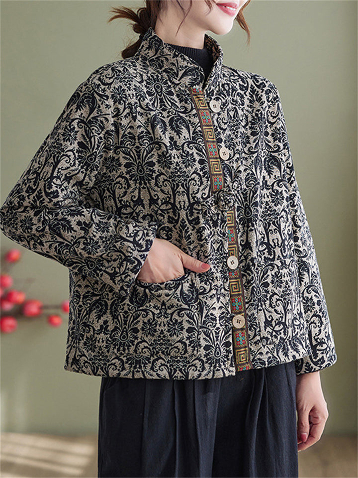 Ethnic Style Plush Liner Stand Collar Retro Print Jacket