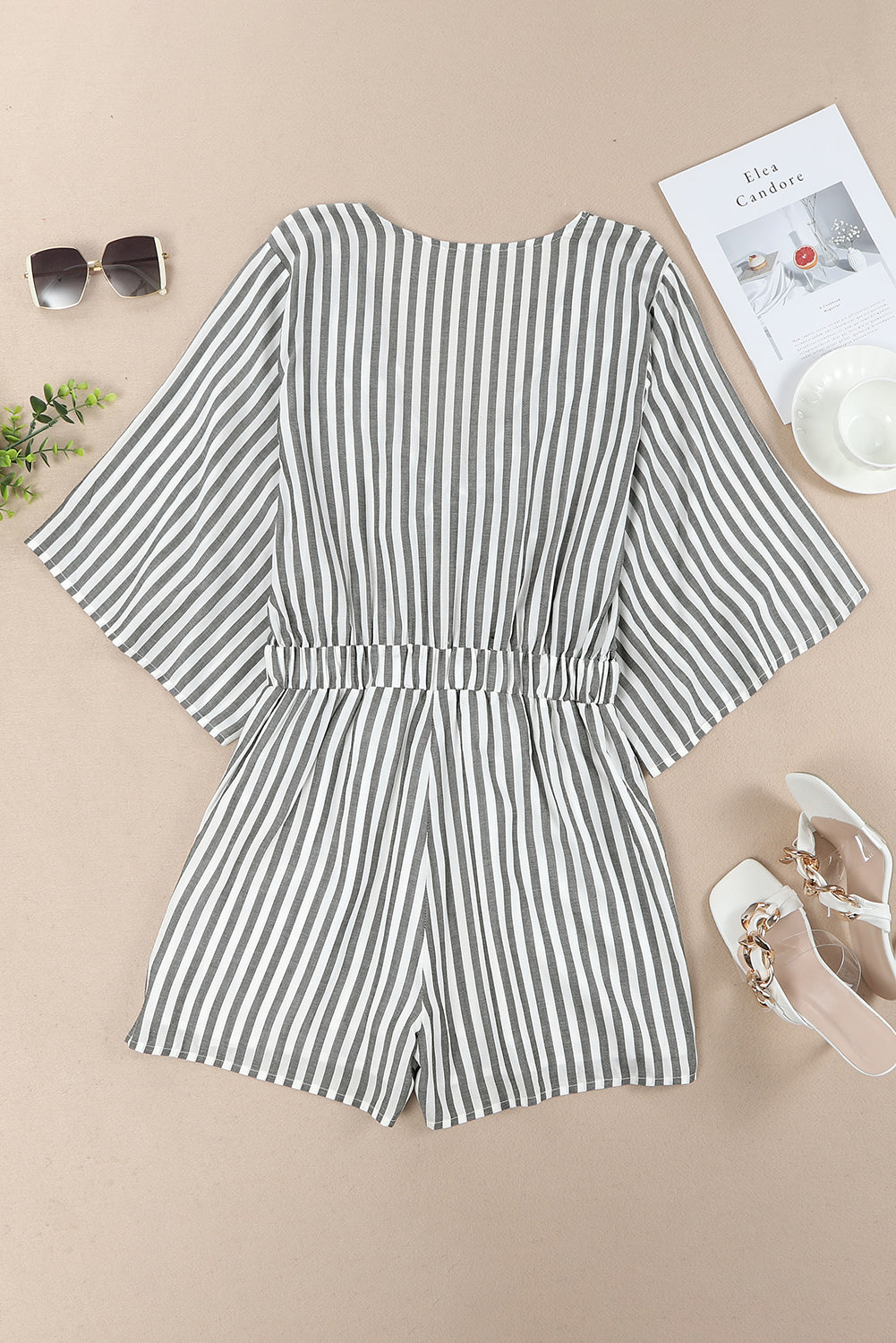 Ivyshape | Tied Striped Three-Quarter Sleeve Romper