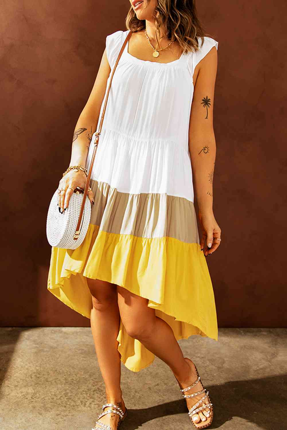 Color Block Ruffle Hem Tiered High-Low Dress