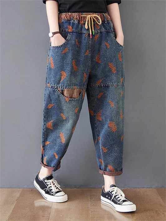 Orange Feather Chic Splicing Blue Denim Pants