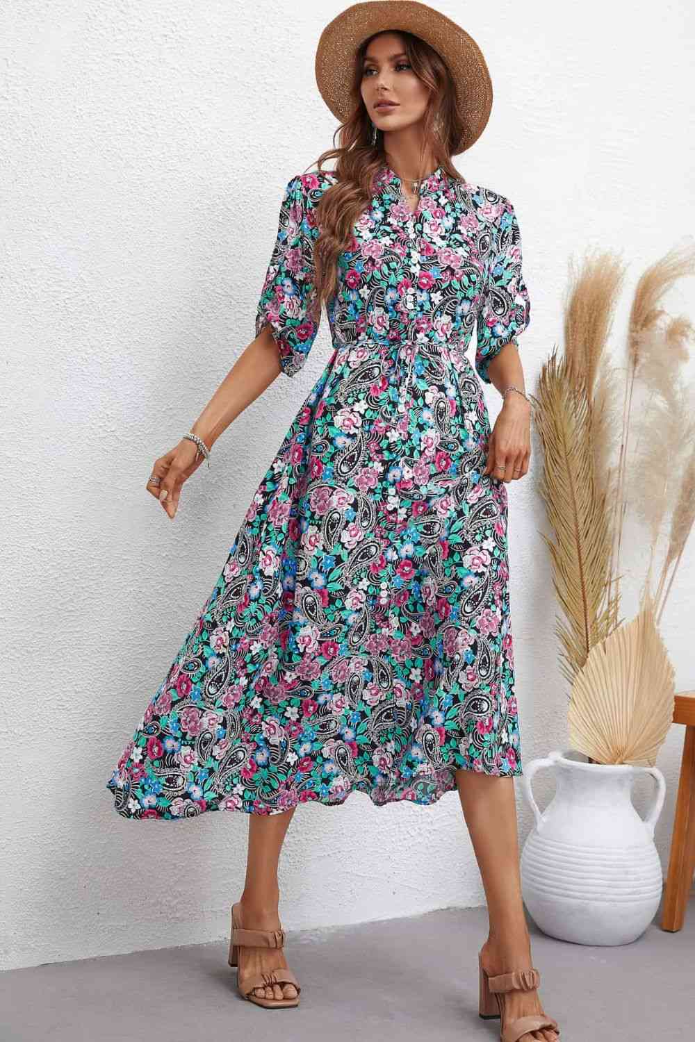 Floral Notched Neck Half Sleeve Dress