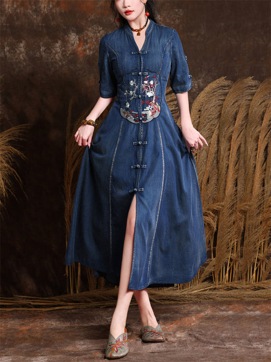 Oriental Floral Embroidery V-Neck Front Slit Denim Dress