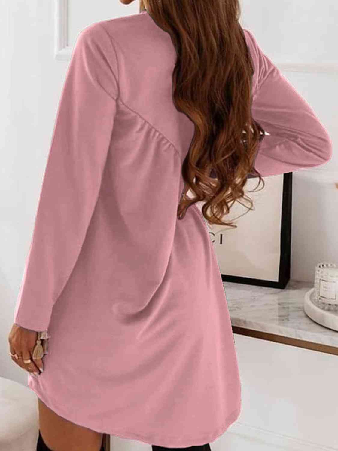 Ruched Round Neck Long Sleeve Dress