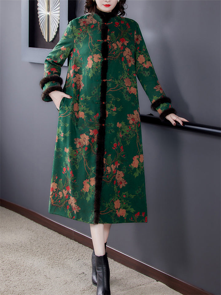 Luxury Faux Fur Stand Collar Button Flower Print Long Coat