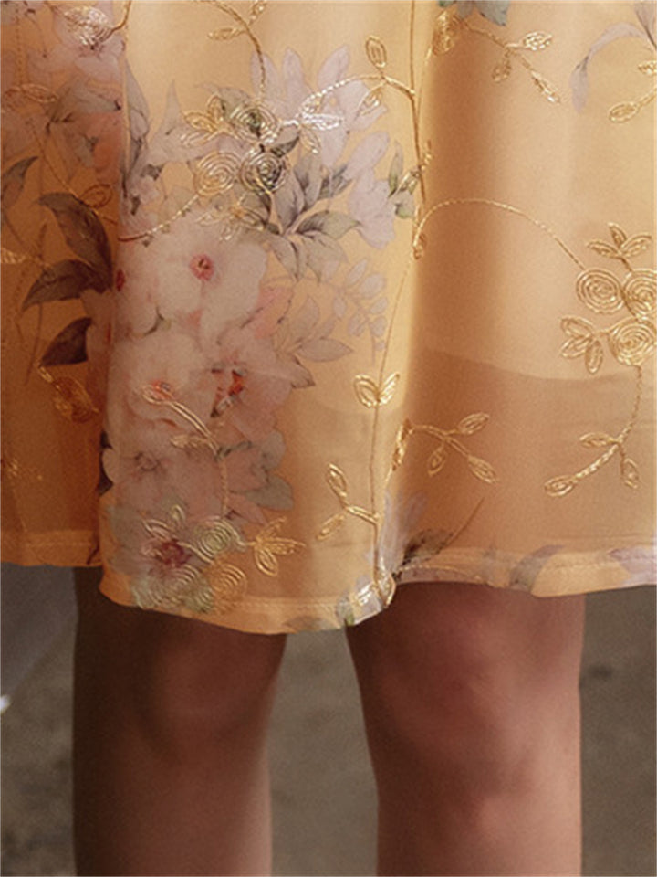 Elegant Ladies Flower Print Yellow A-line Qipao