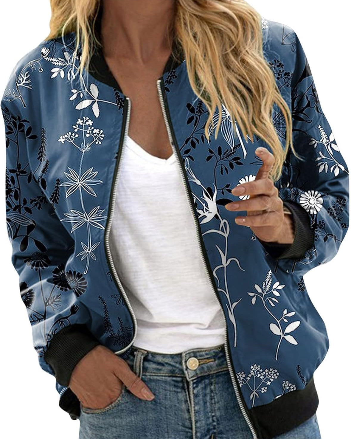 Ivyshape | Bomber jacket with floral pattern for women