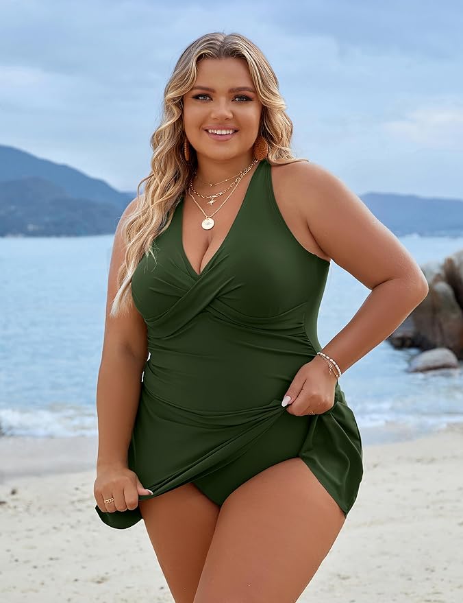 IvyShape | Plus Size One-Piece Swimming Dress Swimsuit Tummy Control Swimsuits