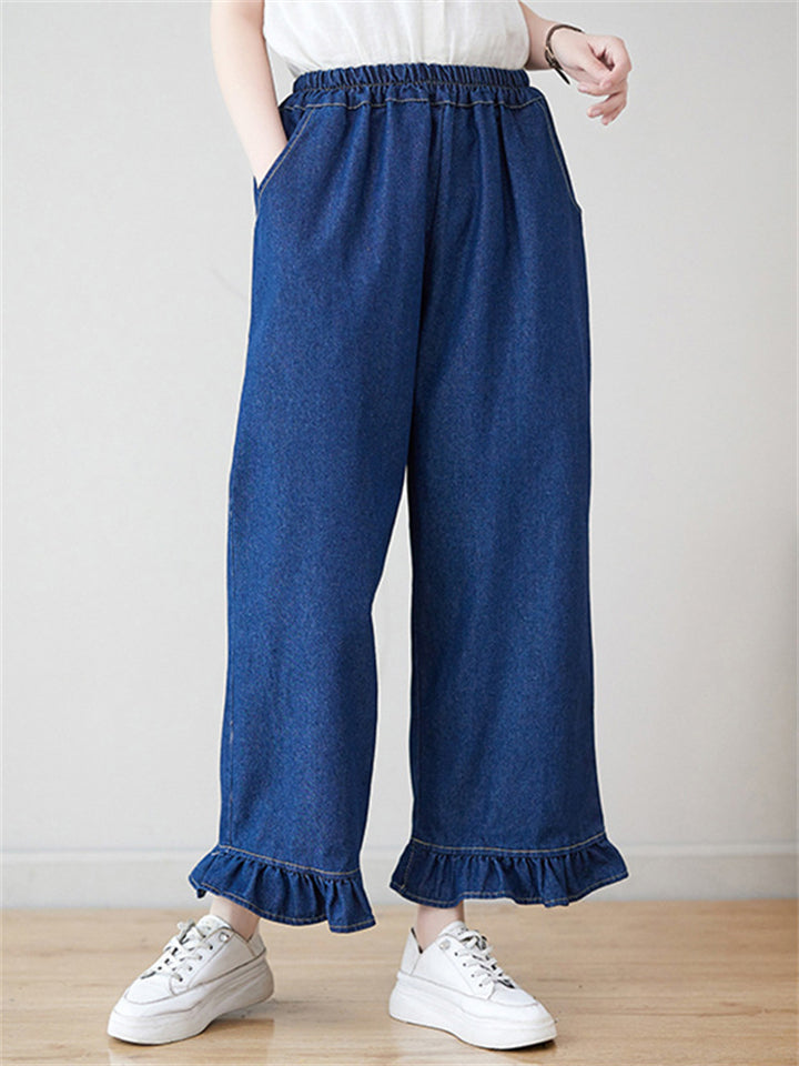 Ruffled Leg Cuff Blue Straight Leg Jeans