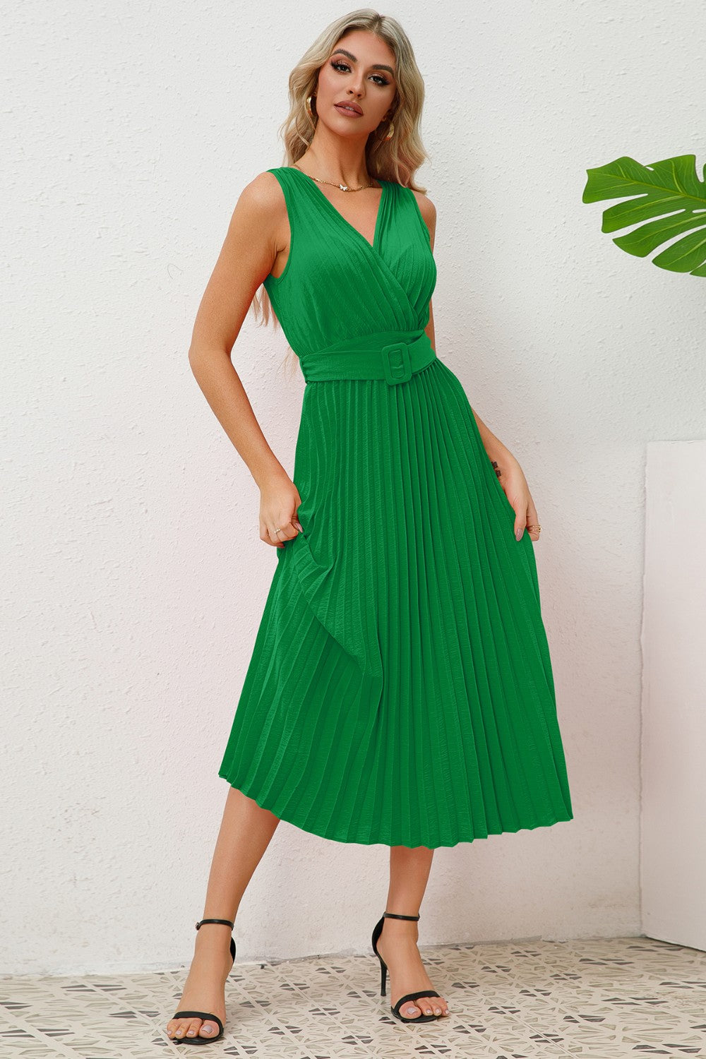 Ivyshape | Surplice Sleeveless Midi Pleated Dress