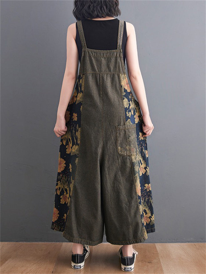 Summer Wide Leg Overalls Women's Floral Printed Denim Jumpsuits