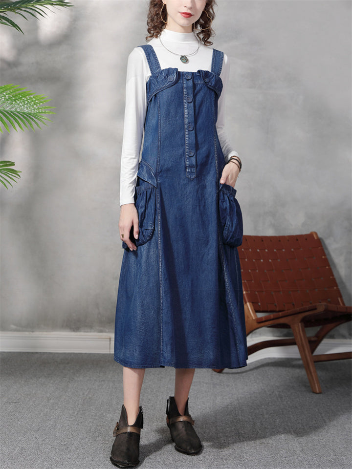 Stylish Blue Denim A-Line Dungaree Dress