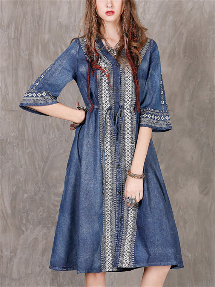 Retro V Neck Half Sleeve Embroidery Female Denim Dress