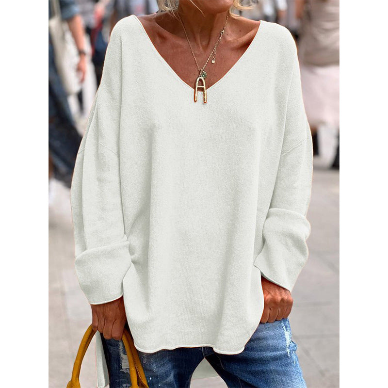 Ivyshape | Solid Color and V-Neck Long Sleeve Loose Casual Top