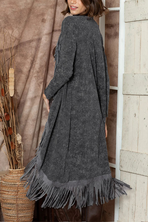 Ivyshape | Washed Tassel Open Front Long Cardigan