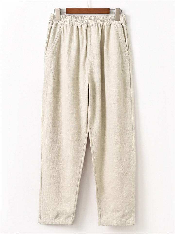 Women's Simple Cotton Linen Elastic Waist Straight-Leg Pants