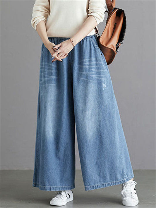 Women's Spring Summer Elastic Waist Wide Leg Jeans