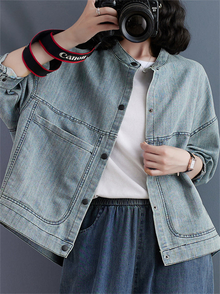 Women's Light Blue Patch Pocket 3/4 Sleeve Trendy Denim Jacket