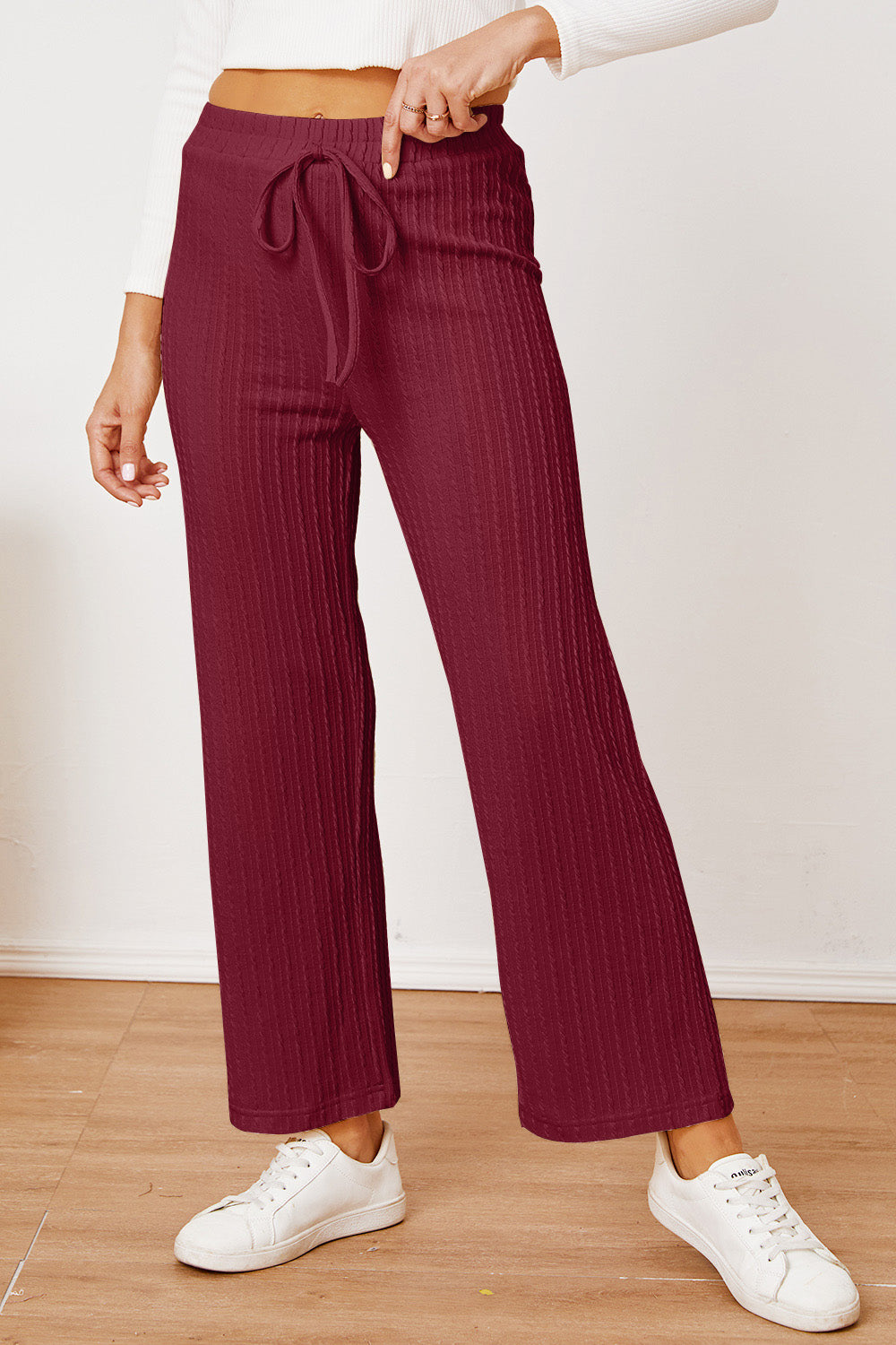 Ivyshape | Textured Elastic Waist Straight Pants