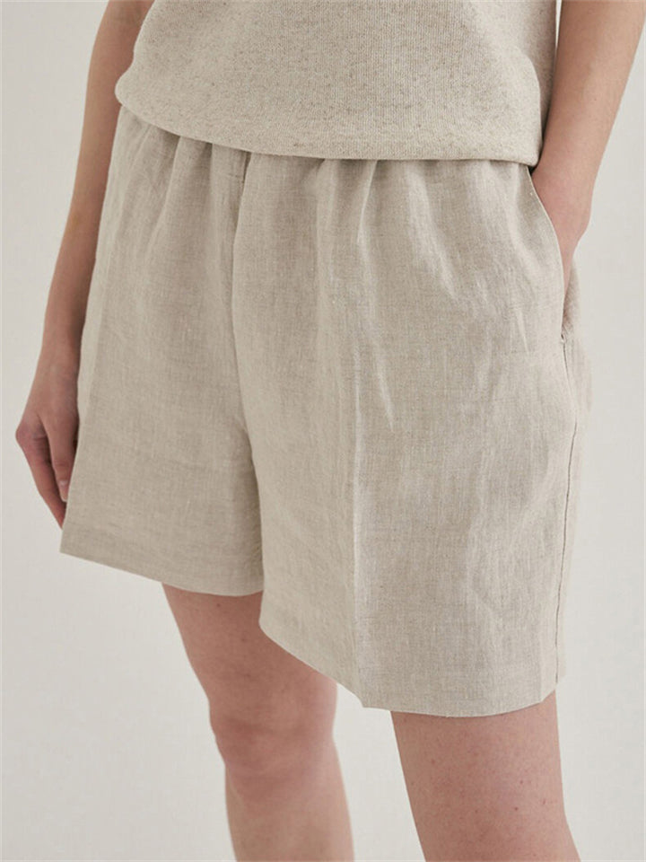 Female 100% Linen Short Sets Button Up Shirt + Casual Shorts