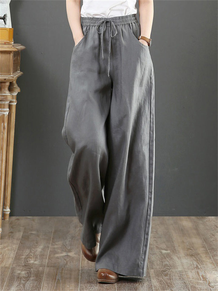 Women's Simple Linen High Waist Drawstring Wide Leg Pants