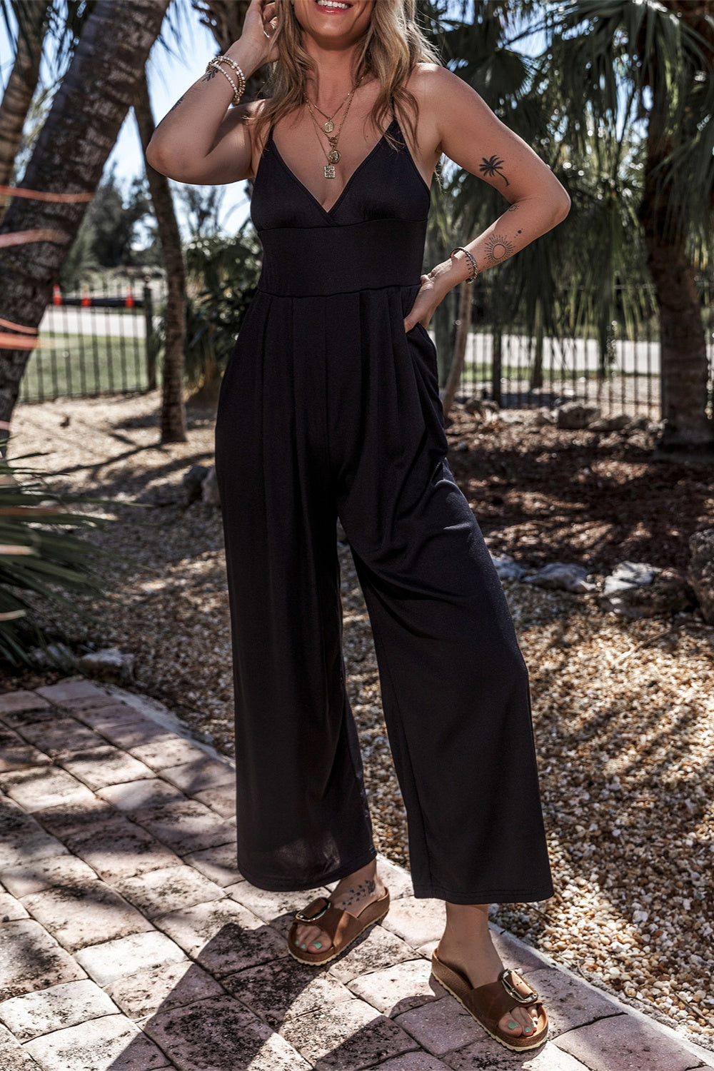 Ivyshape | Surplice Spaghetti Strap Wide Leg Jumpsuit