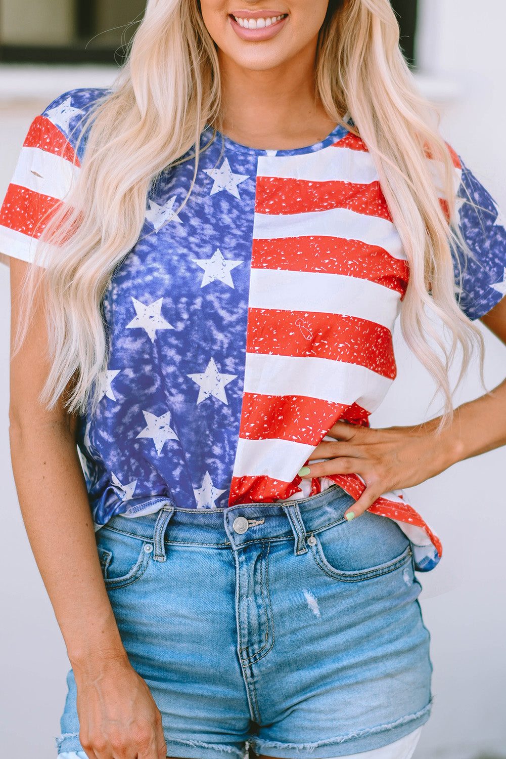 Ivyshape | Us Flag Round Neck Short Sleeve T-Shirt