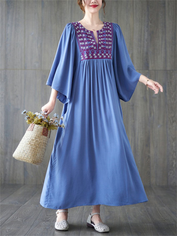 Ethnic Style V Neck Embroidery Ruffle Dress for Women