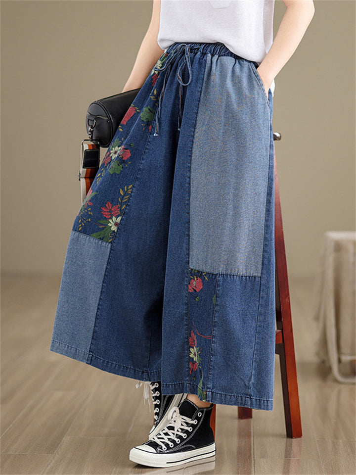 Summer Daisy Print Patchwork Design Blue Jeans for Women