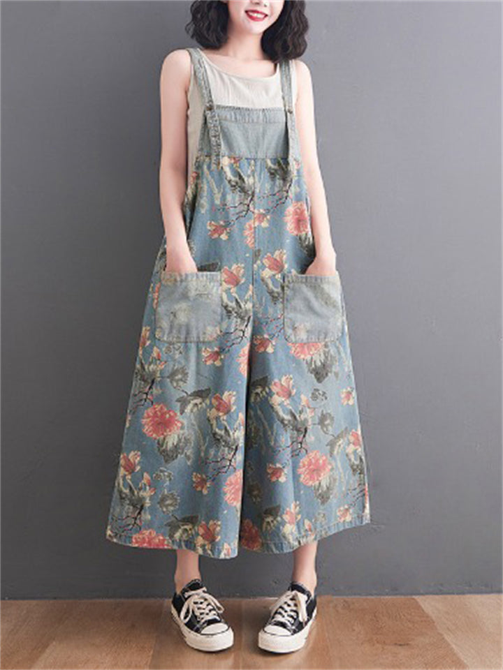 Summer Wide Leg Overalls Women's Floral Printed Denim Jumpsuits