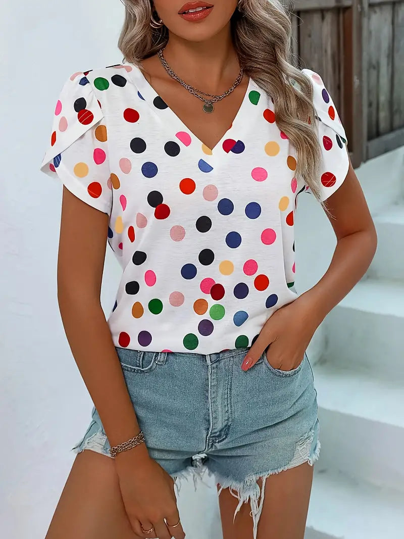 Ivyshape | Multicolored Polka Dot T-Shirt with V-Neck