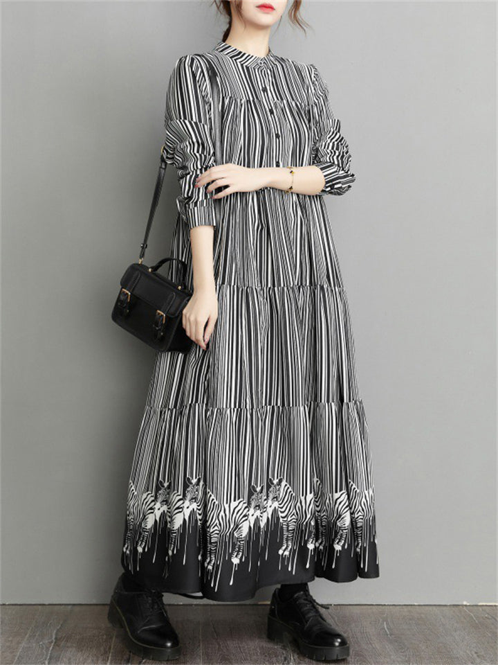 French Style Stripe Zebra Print Long Dress