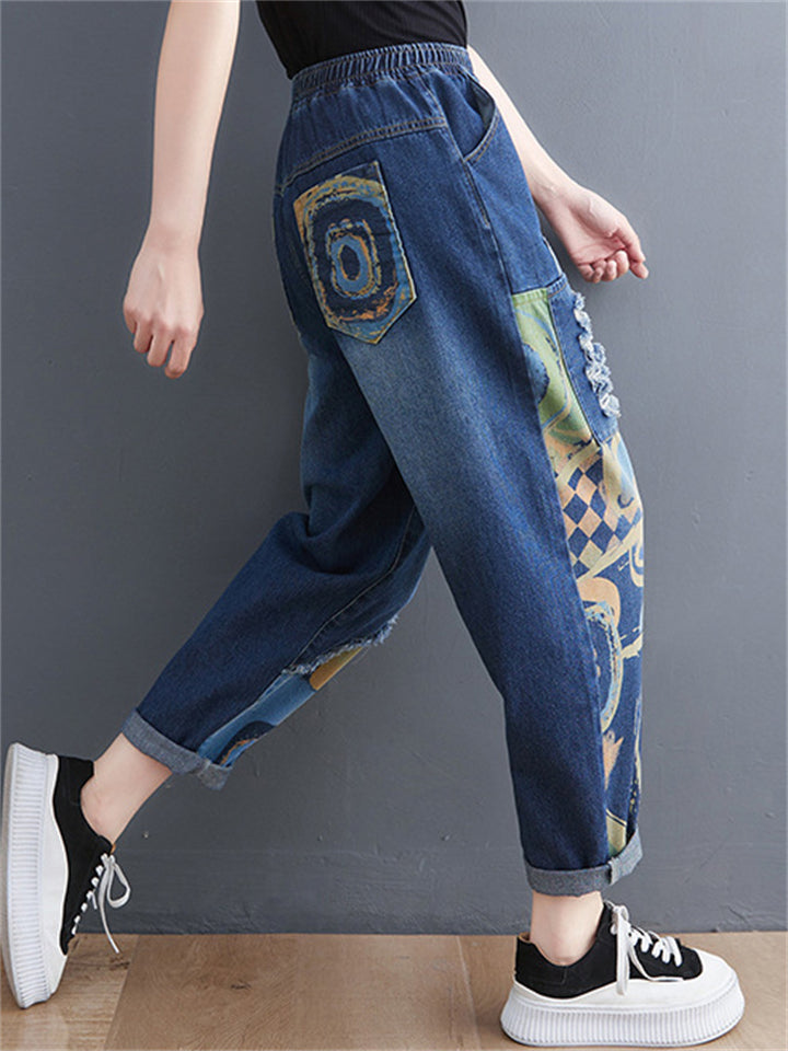 Trend Abstract Print High Rise Ripped Ladies Blue Jeans