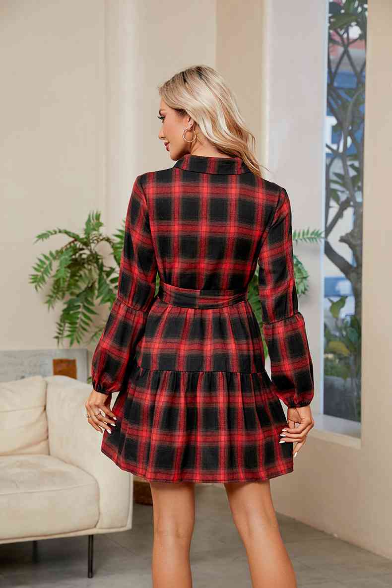 Plaid Print Tie Waist Collared Neck Shirt Dress