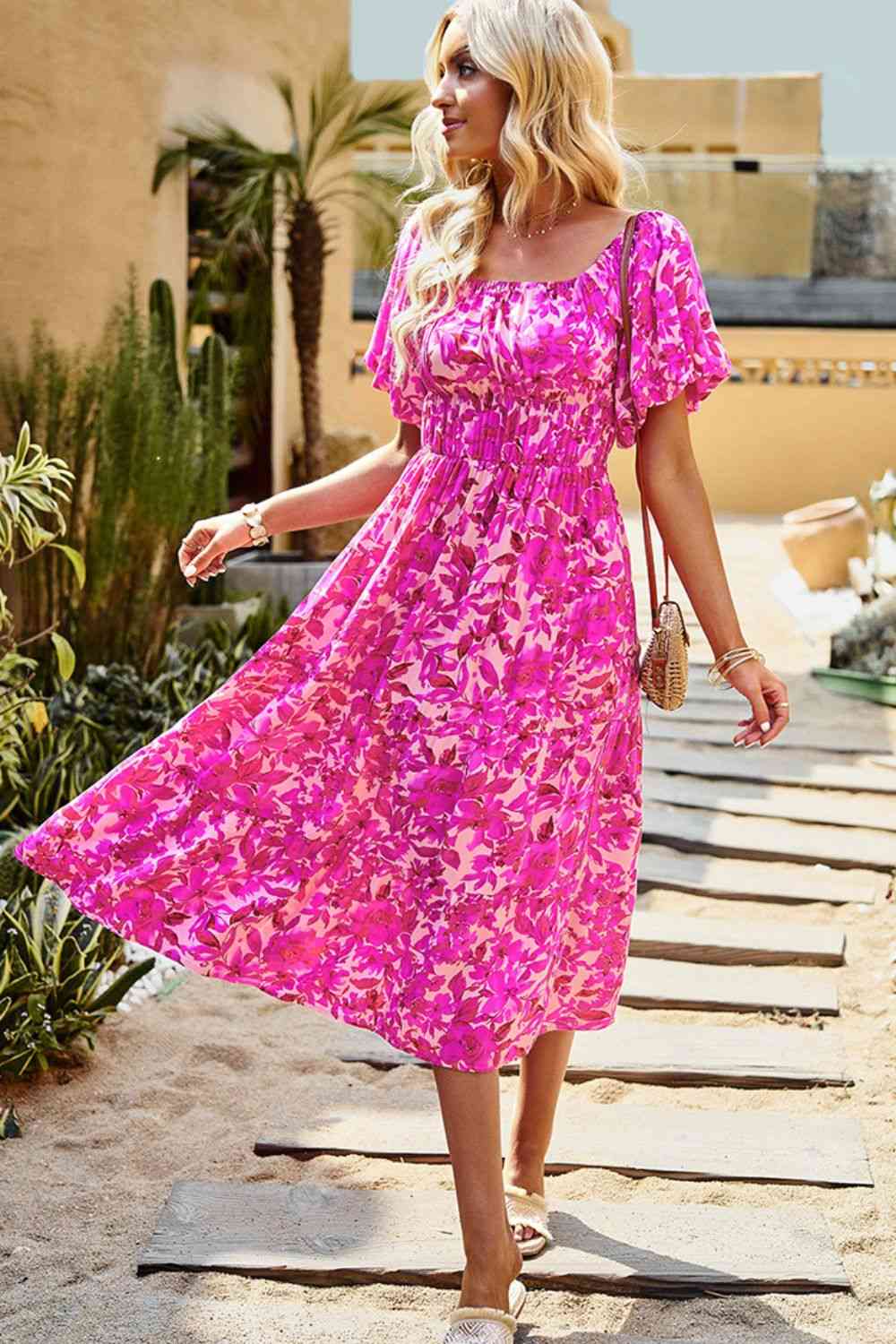 Floral Square Neck Tiered Midi Dress