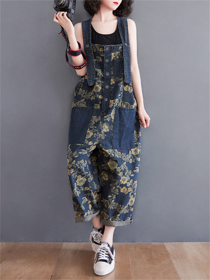 Yellow Flower Print Adjustable Strap Denim Overalls