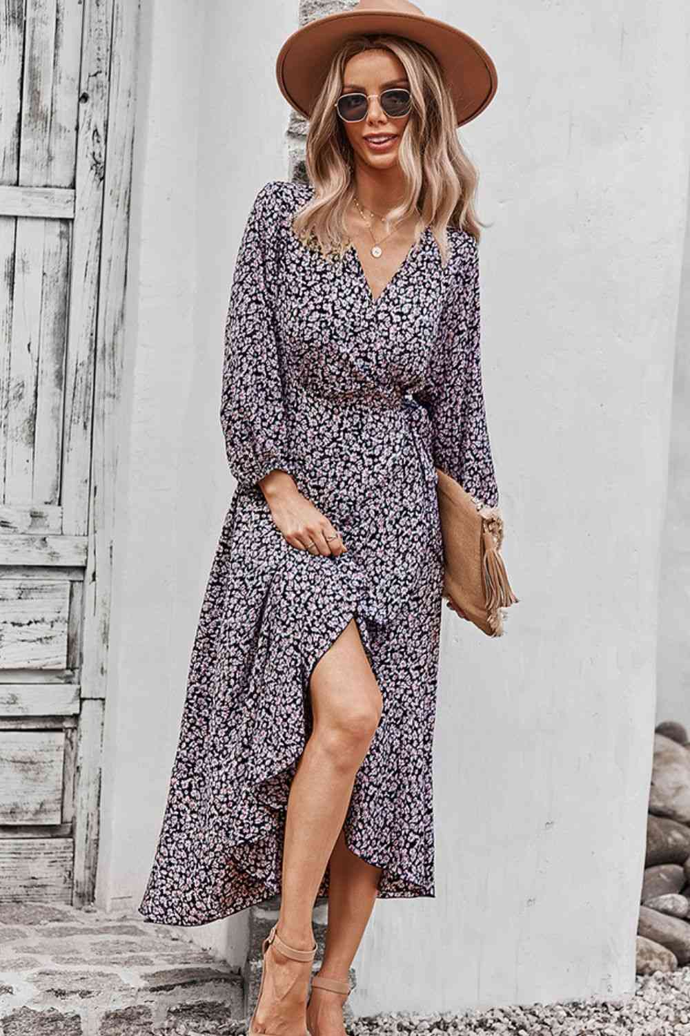 Floral Surplice Neck Long Sleeve Dress