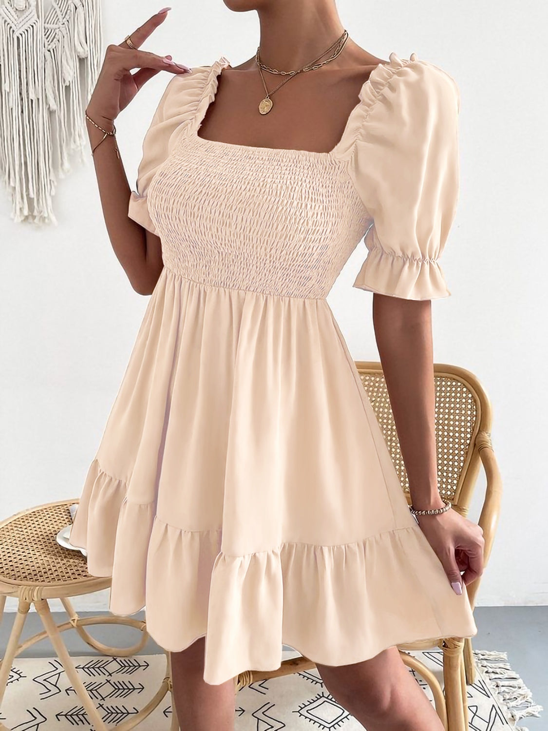 Ivyshape | Smocked Square Neck Short Sleeve Dress