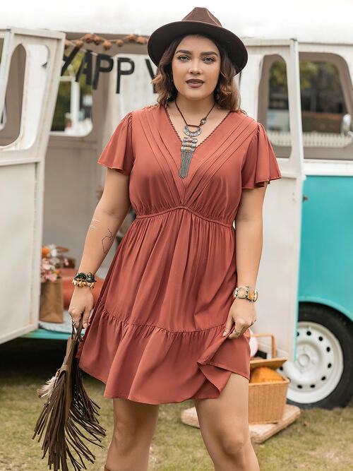 Double Take Plus Size Ruffle Hem V-Neck Short Sleeve Dress