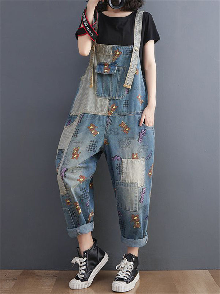 Lovely Cartoon Mouse Print Blue Denim Jumpsuit for Women