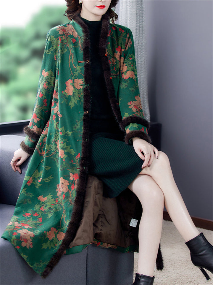 Luxury Faux Fur Stand Collar Button Flower Print Long Coat