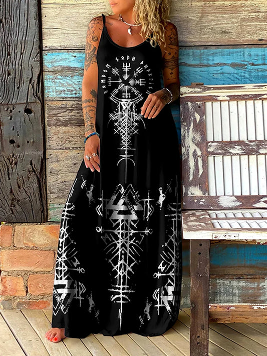 Retro Tribal Viking Ethnic Rune Maxi Dress