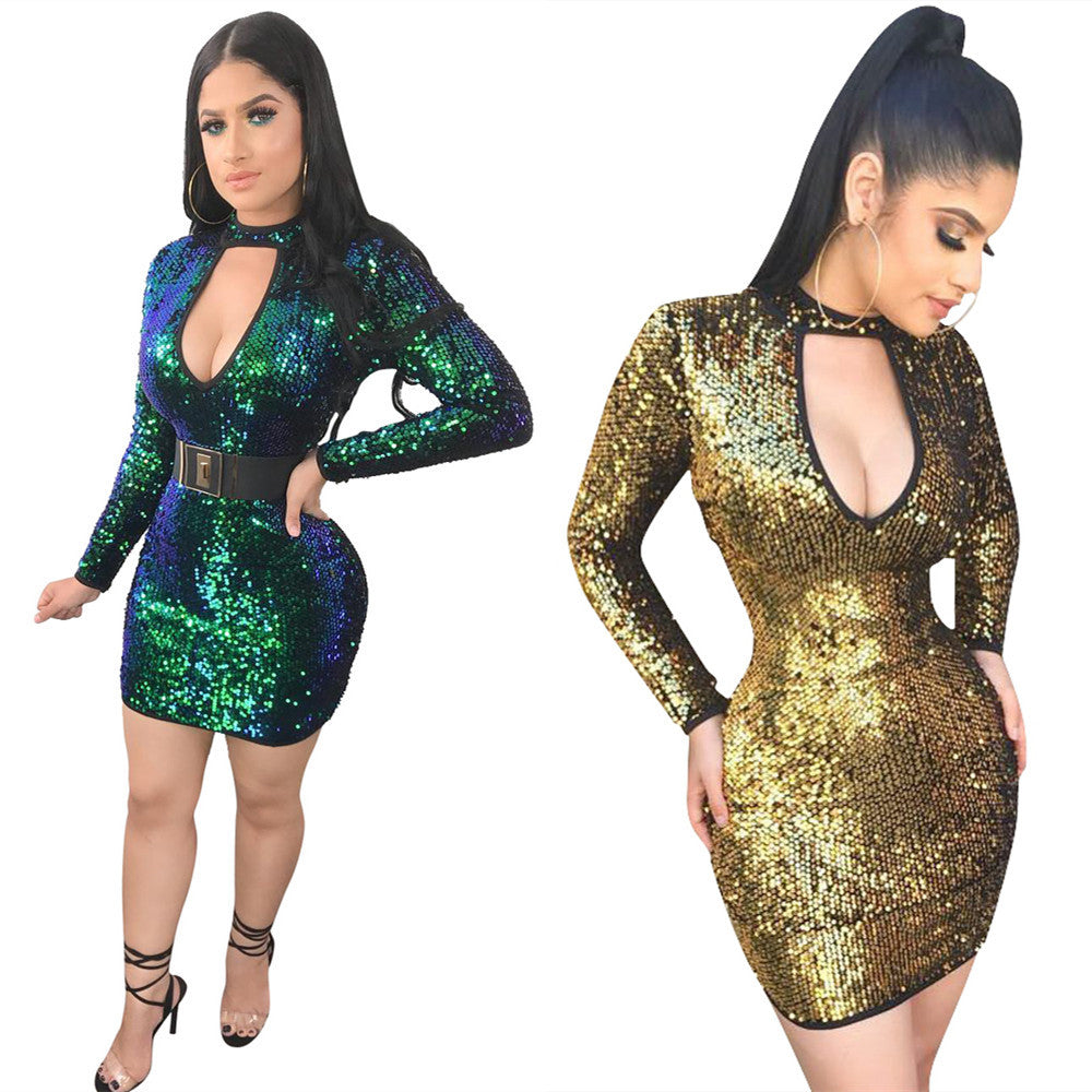 Ladies Shiny Party Dress with Long Sleeves Ivyshape