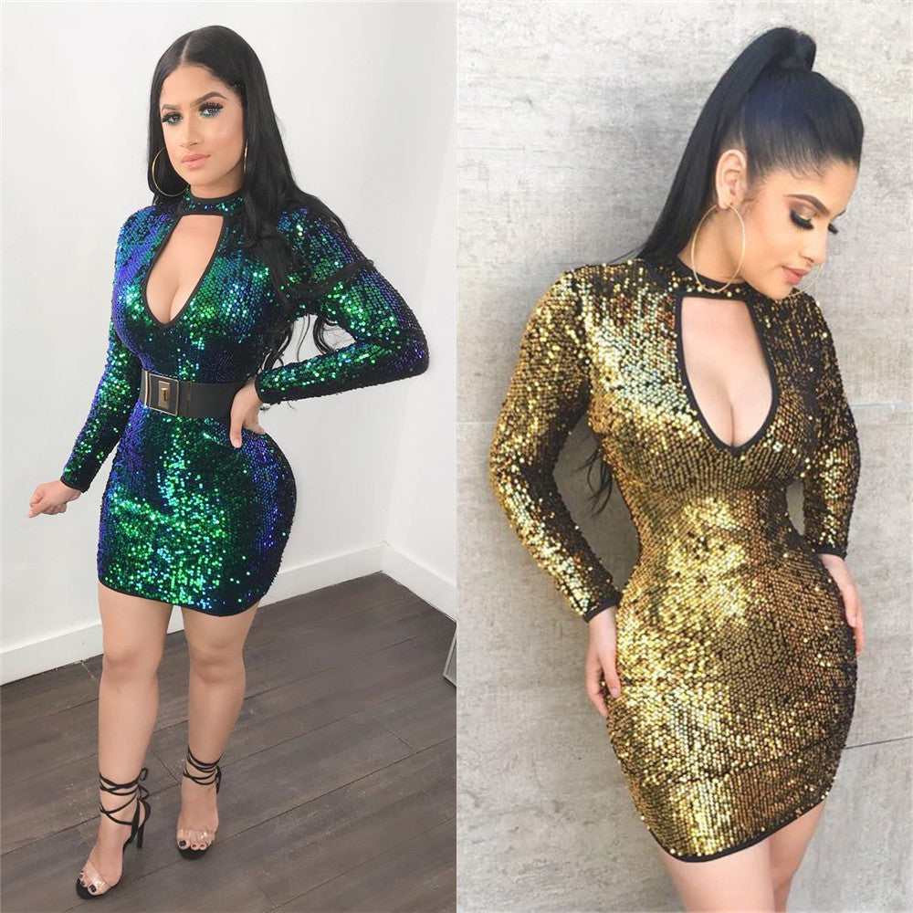 Ladies Shiny Party Dress with Long Sleeves Ivyshape