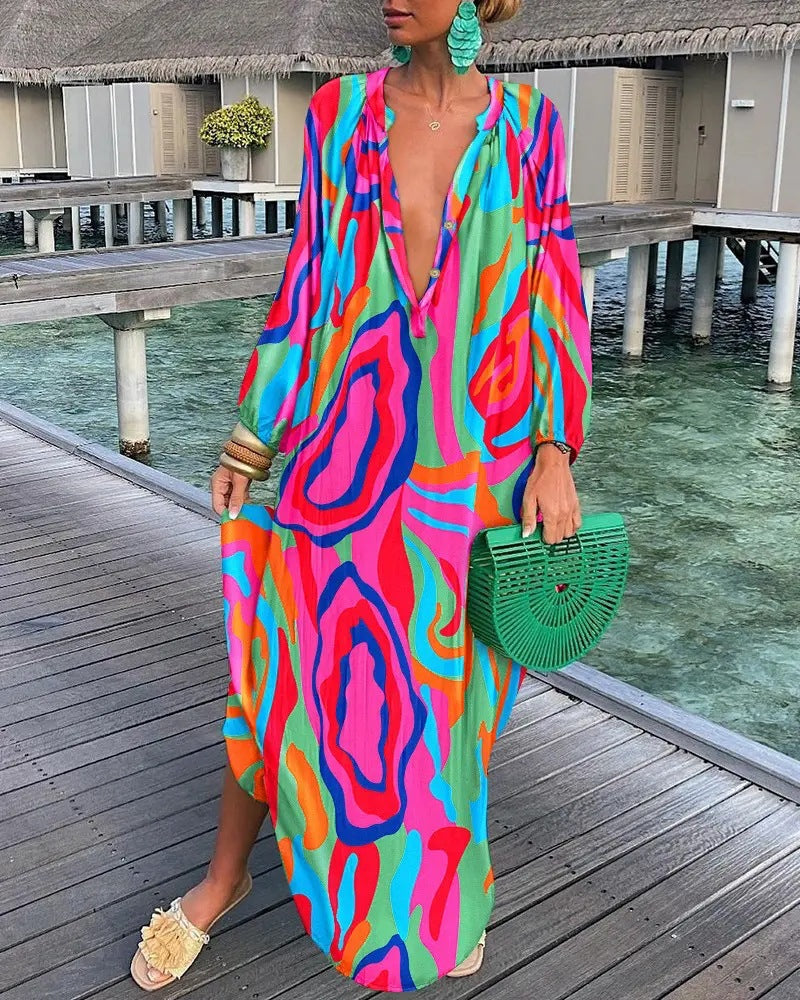 V-Neck Loose Long Sleeve Print Dress