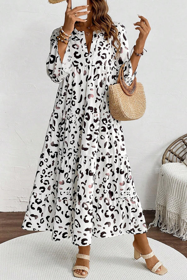 Ivyshape | Leopard Print Notch V-Neck Loose Fit Maxi Dress