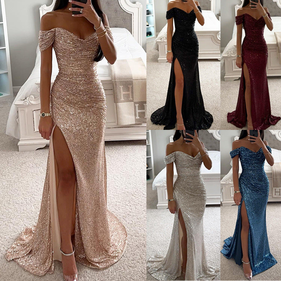 Ivyshape | Evening dress women off-shoulder glitter maxi dress with slit for wedding & fest