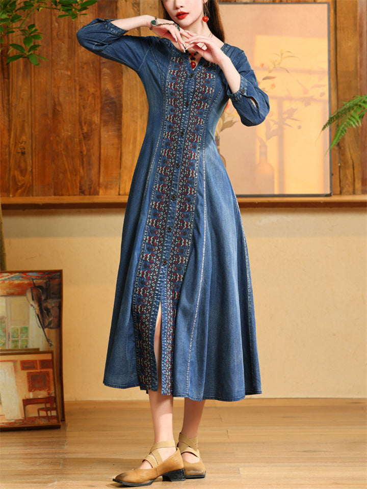 Women's Retro Hand-Embroidered Blue Denim A-Line Dress