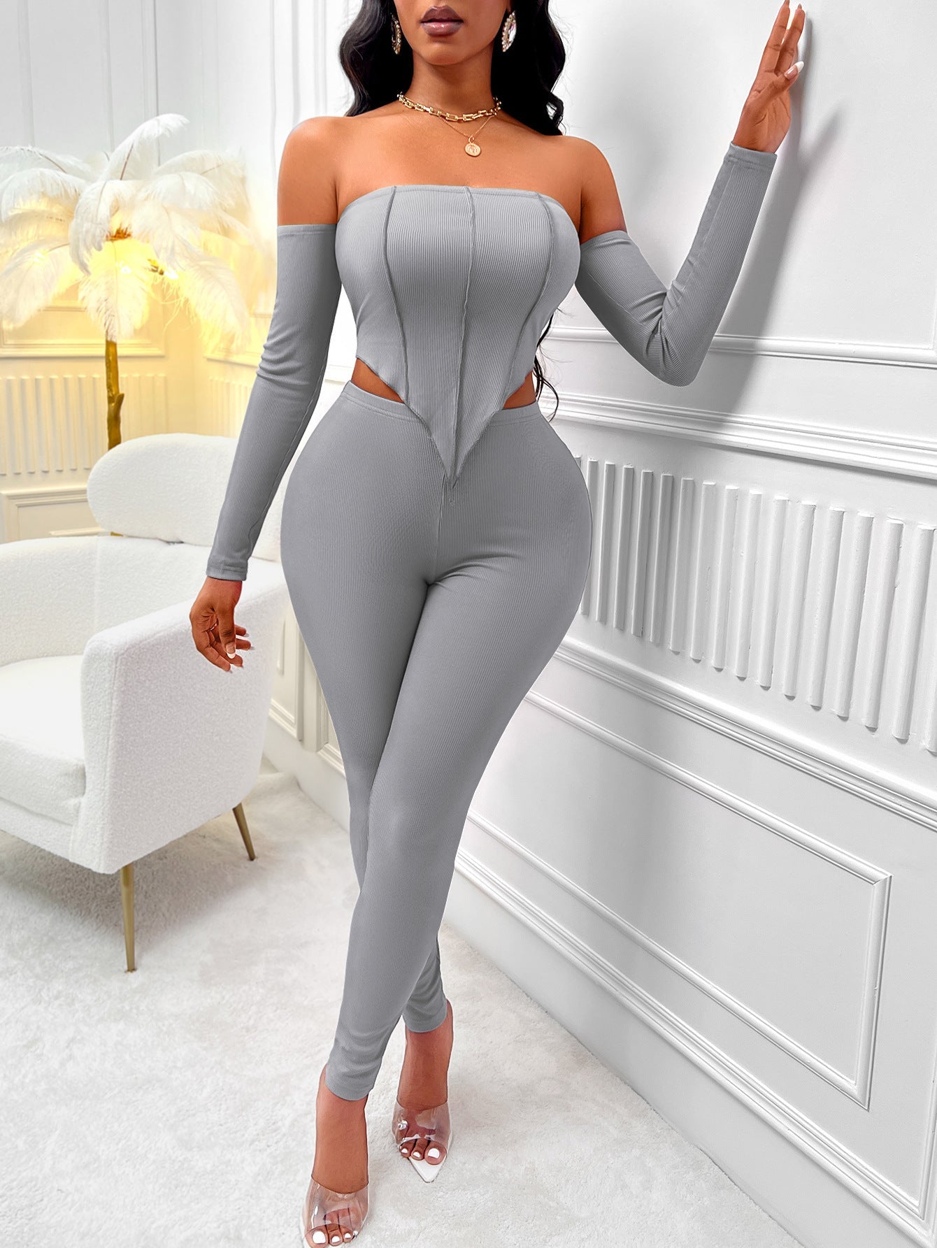 Ivyshape | Slim Fit Off-Shoulder Suit with Long Sleeves