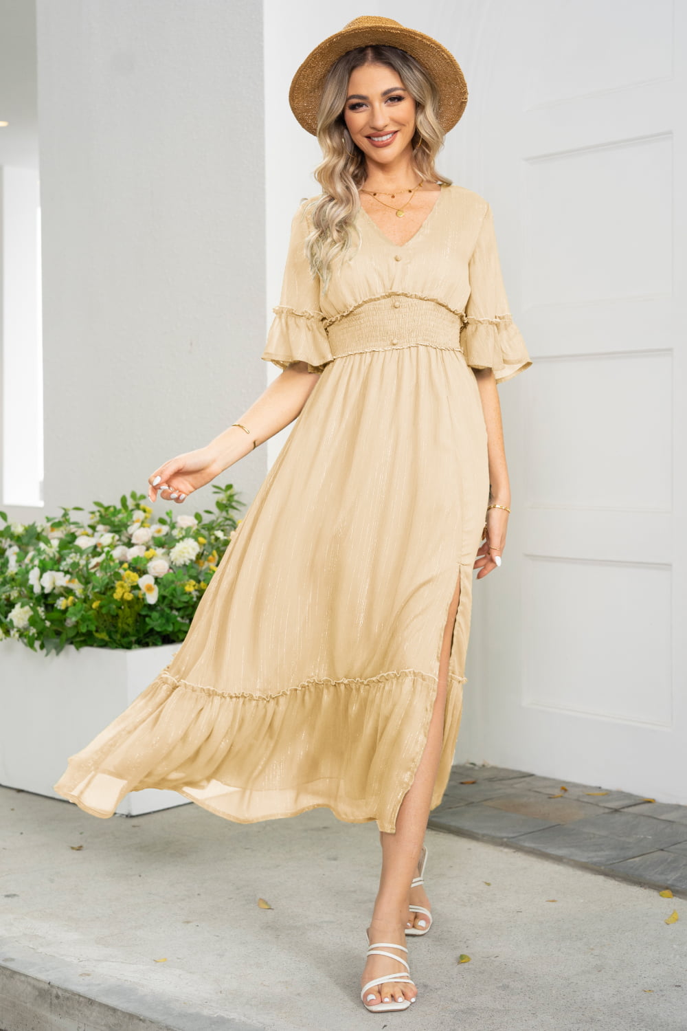 Ivyshape | V-Neck Flounce Sleeve Smocked Waist High Slit Dress