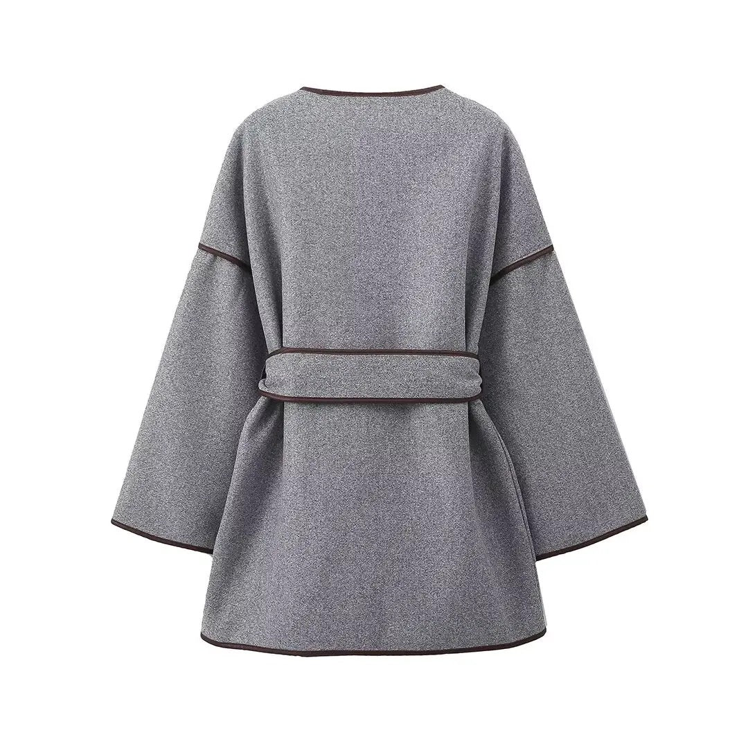 Ivyshape | Woolen Overcoat with Belt In Grey